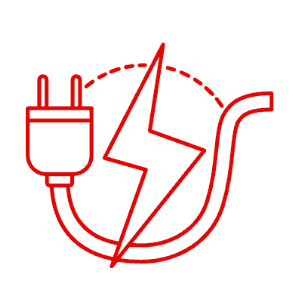 Rotes Linien-Icon mit Stromstecker und Blitzsymbol, das Elektroinstallationen und Photovoltaik-Arbeiten für energieeffiziente Haussanierungen darstellt.