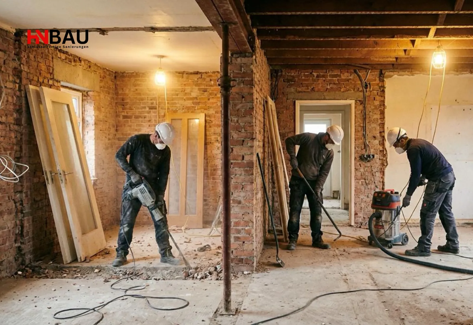 Drei Handwerker führen professionelle Abbruch- und Entkernungsarbeiten in einem Altbau durch; einer arbeitet mit dem Bohrhammer, zwei weitere entfernen Bauschutt und reinigen den Bereich, während sie Schutzkleidung und Atemmasken tragen.