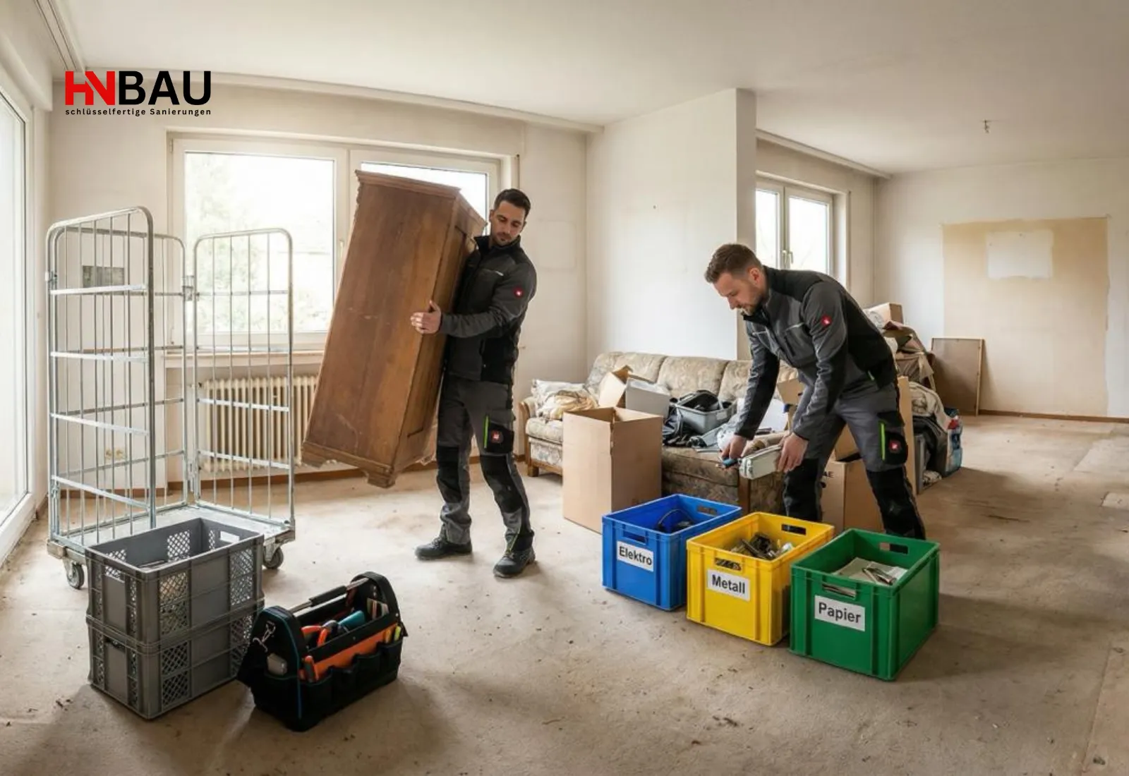 Zwei Handwerker räumen eine Wohnung professionell aus: Einer trägt ein schweres Möbelstück, während der andere Gegenstände sortiert und in beschriftete Behälter für Elektro, Metall und Papier einsortiert – Teil einer strukturierten Entrümpelung und Haushaltsauflösung.