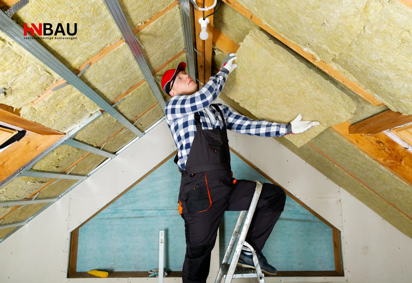 Dachdecker bringt Dämmmaterial aus Mineralwolle zwischen die Sparren einer Dachschräge ein, während er auf einer Leiter steht. Die Dachkonstruktion mit Metallprofilen und Holzträgern ist sichtbar und zeigt eine laufende Dachdämmung im Innenbereich.
